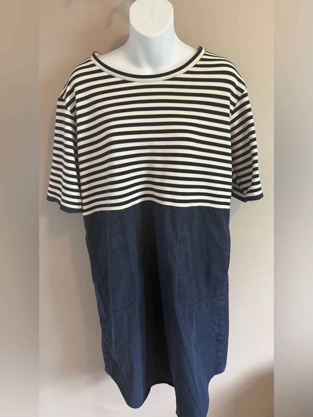 COS Navy Blue & White Striped Mixed Media T-Shirt Dress Size M